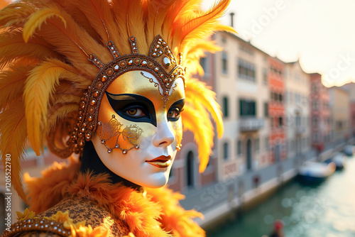 Golden carnival mask adorned with vibrant feathers in picturesque Venetian backdrop, celebrating Venice Carnival. photo