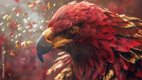 A massive ruby and gold eagle with vibrant red feathers and sparkling rubies, featuring high-quality, intricate details and a lifelike appearance.