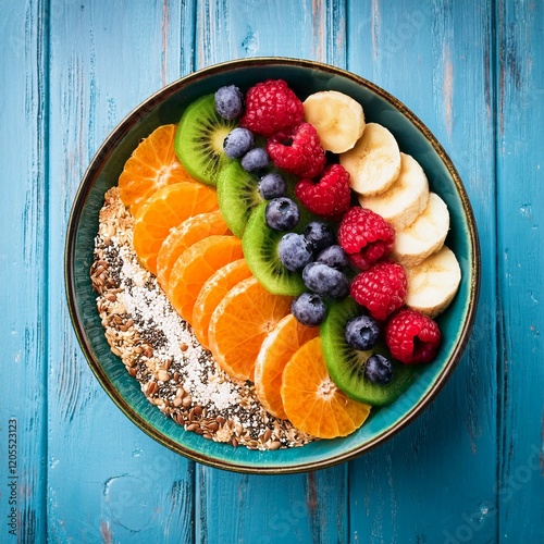 カラフルでヘルシーなブレイクファーストボール（Colorful healthy breakfast bowl, top view）
 photo