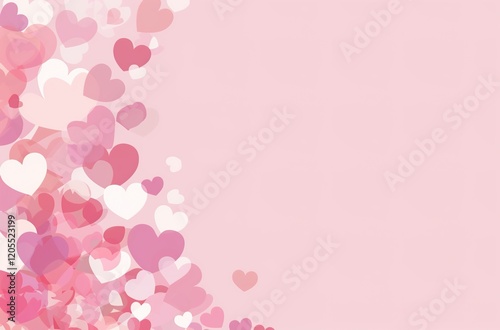 Paper pink hearts fly on soft pink color background, border, copy space. Valentine day concept for design.
