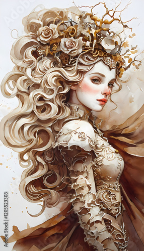 eterea figura femminile bionda dal vestito d'oro e con i capelli intrecciati a rami e rose, ethereal blonde female figure in a golden dress and with her hair braided with branches and roses photo