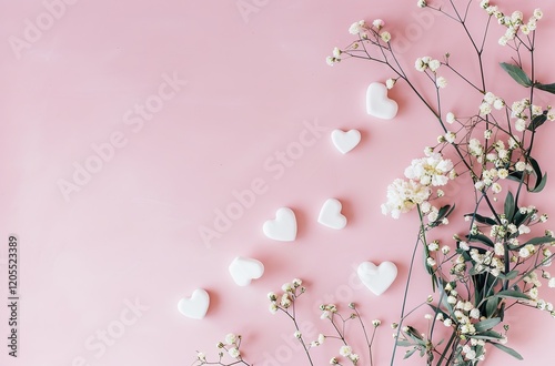 Paper pink hearts fly on soft pink color background, border, copy space. Valentine day concept for design.