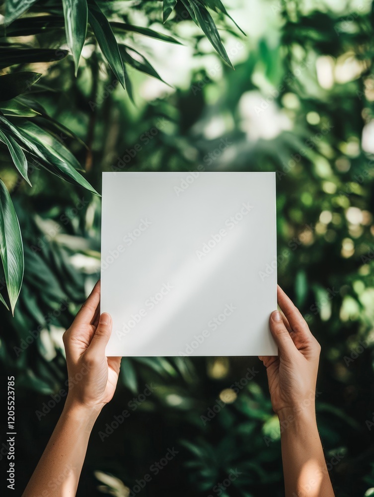 A person holds a blank canvas amidst lush green foliage, suggesting creativity and nature. A person holds a blank canvas amidst lush green foliage, suggesting creativity and nature.