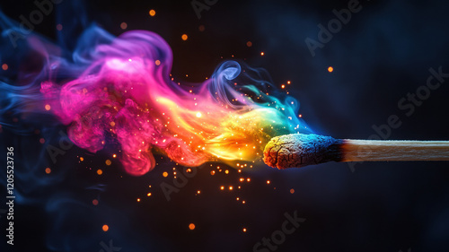 A macro shot of a lit match against a black background, with a vibrant neon flame in pink, blue, green, and yellow, emitting rainbow sparks and colorful smoke tendrils.
