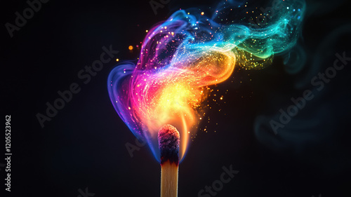 A macro shot of a lit match against a black background, with a vibrant neon flame in pink, blue, green, and yellow, emitting rainbow sparks and colorful smoke tendrils.