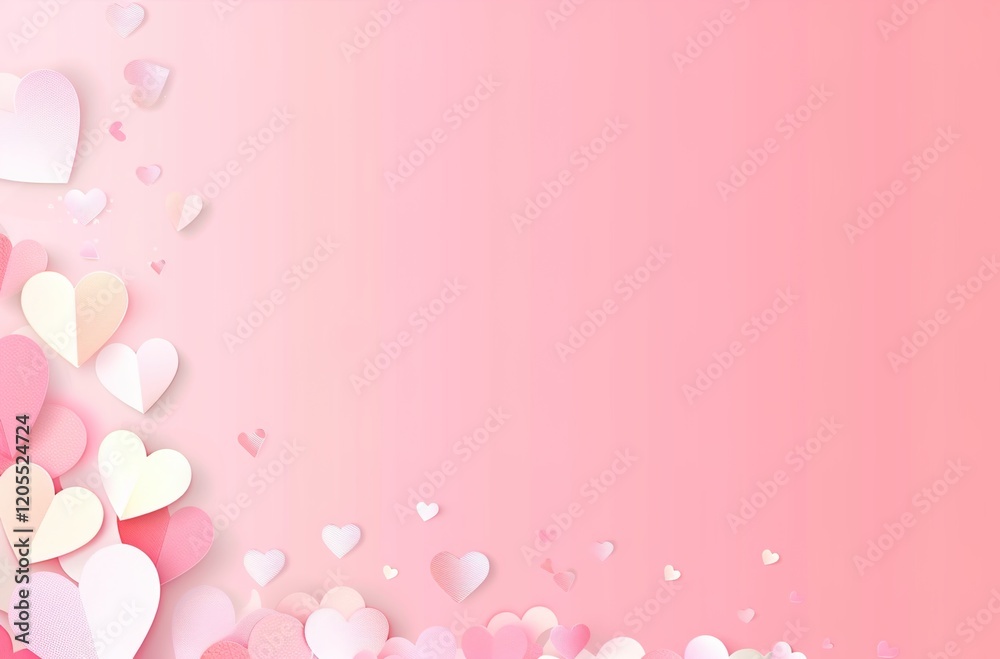 Paper pink hearts fly on soft pink color background, border, copy space. Valentine day concept for design. Paper pink hearts fly on soft pink color background, border, copy space. Valentine day concept for design.