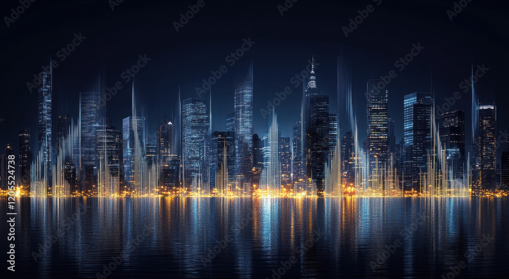 Obraz premium Vibrant city skyline illuminated by numerous lights stands against the night sky, with reflections shimmering on the water's surface, creating a captivating visual experience.