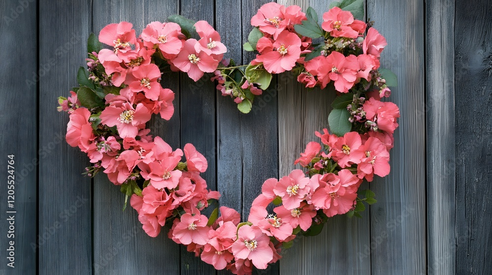 Beautiful Heart Shaped Floral Arrangement on Rustic Wood Background Beautiful Heart Shaped Floral Arrangement on Rustic Wood Background