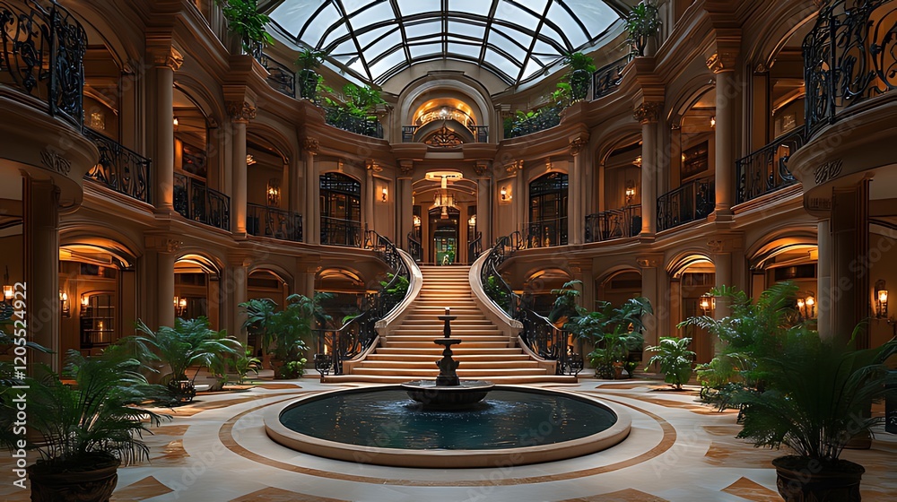 Obraz premium Grand Mansion Interior Atrium Staircase Fountain Luxury