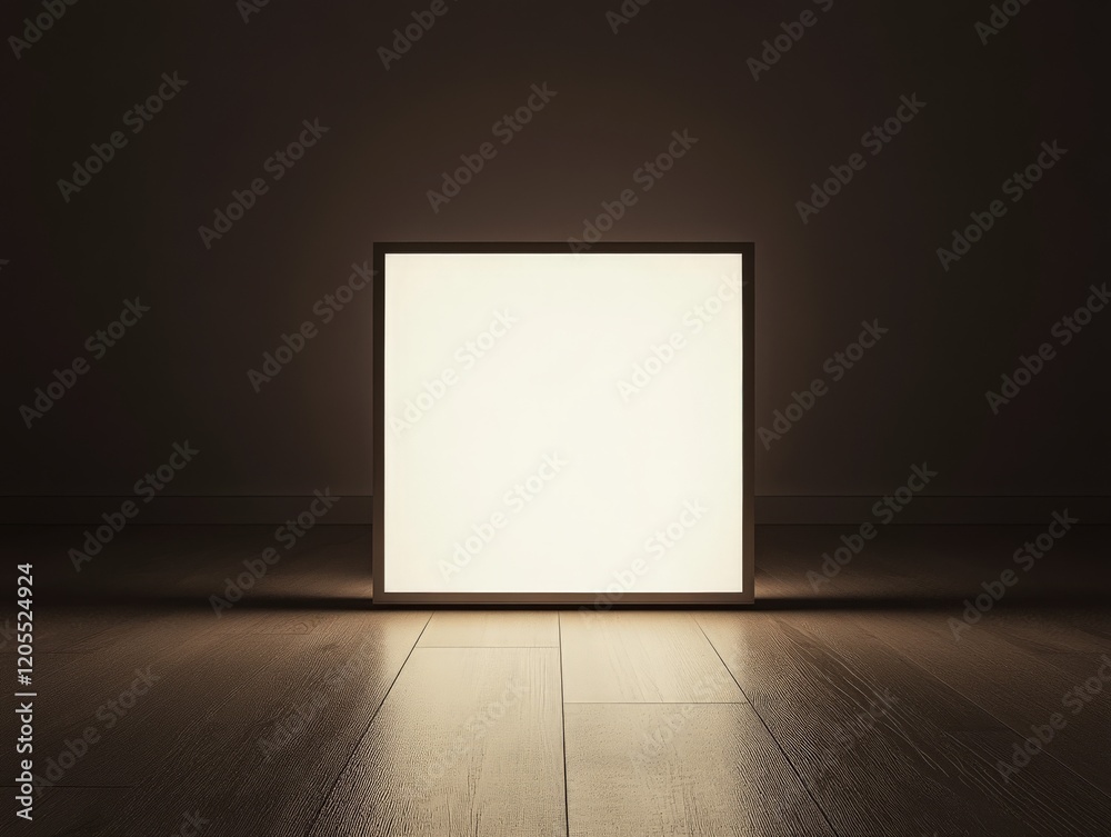 A softly glowing square light in a dark room, creating a serene atmosphere. A softly glowing square light in a dark room, creating a serene atmosphere.