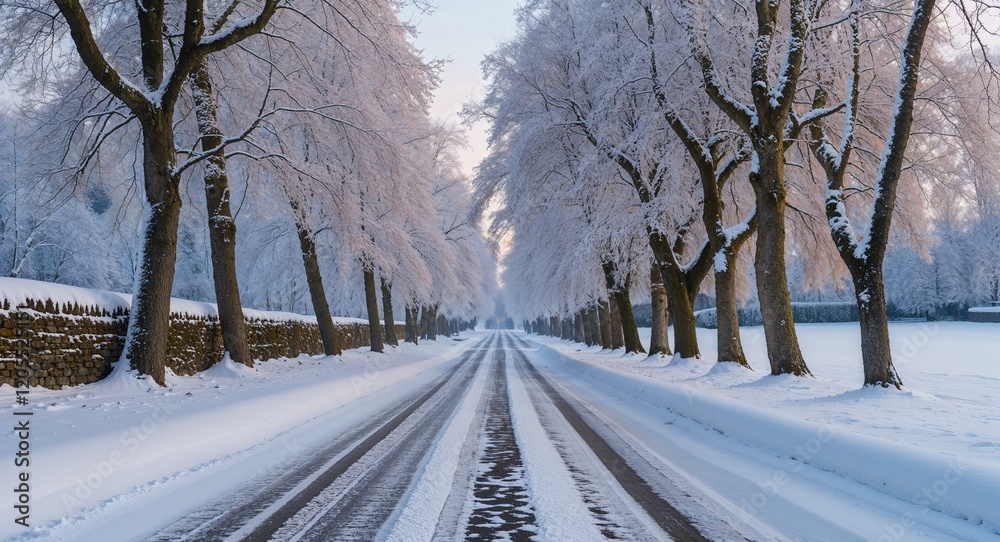 Frozen medieval French road in winter with snow capped trees lining the way Frozen medieval French road in winter with snow capped trees lining the way