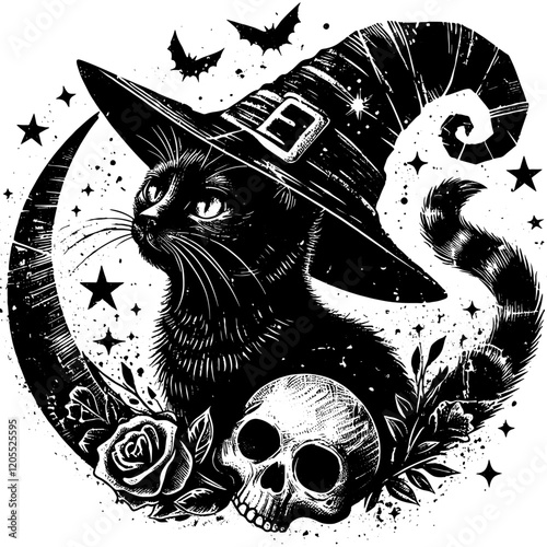 Witch Cat with Stars and Skull