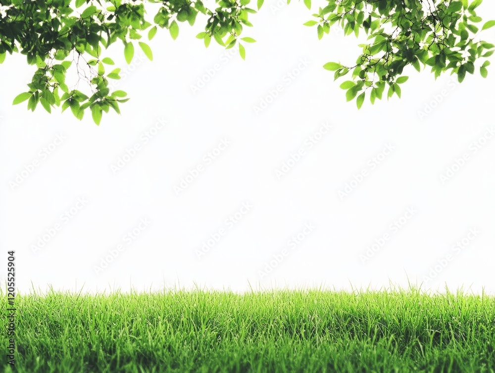 Obraz premium A serene view of green grass and leafy branches against a white background.
