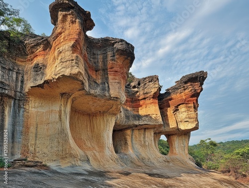 Unique rock formations with natural arches and colorful layers under a cloudy sky photo