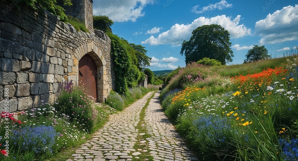 Naklejka premium Medieval cobblestone road in summer with vibrant wildflowers and blue sky