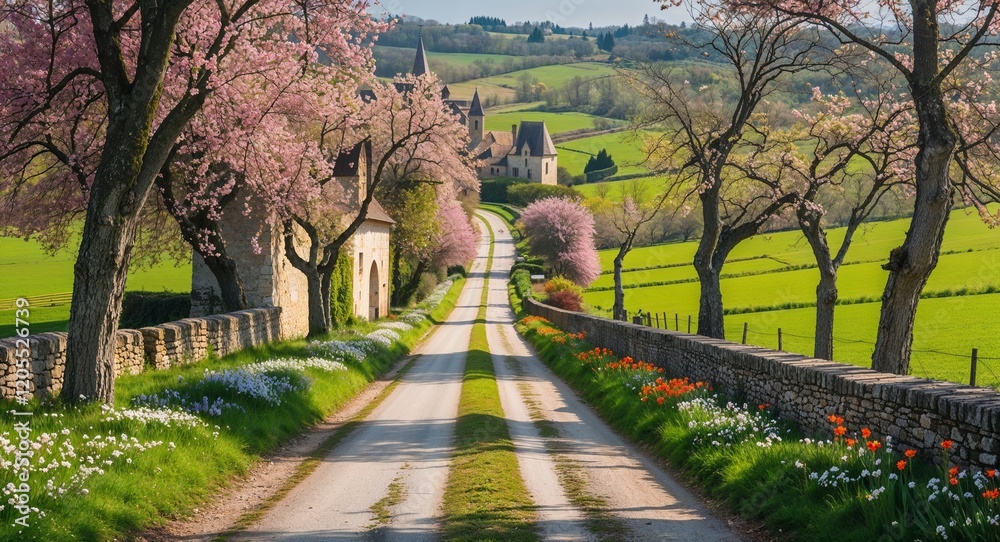 Medieval French road in spring with blooming flowers and green fields Medieval French road in spring with blooming flowers and green fields