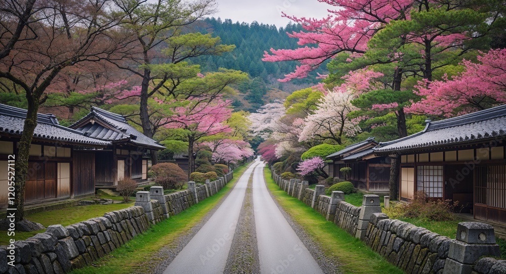 Medieval Japanese road with blooming flowers in a tranquil spring setting Medieval Japanese road with blooming flowers in a tranquil spring setting