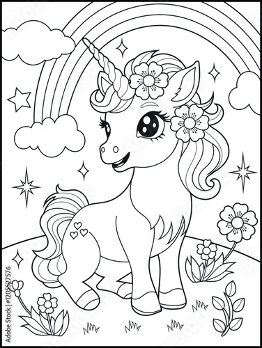 Illustration of a cute baby unicorn cartoon character. Black and white Printable Unicorn coloring page for kids.