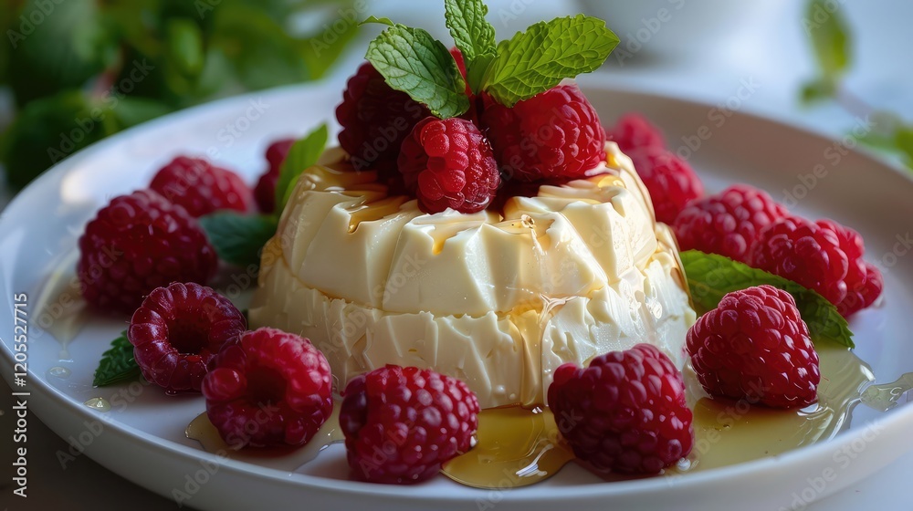 Creamy Mascarpone cheese served with honey drizzled over fresh raspberries and mint leaves. Creamy Mascarpone cheese served with honey drizzled over fresh raspberries and mint leaves.