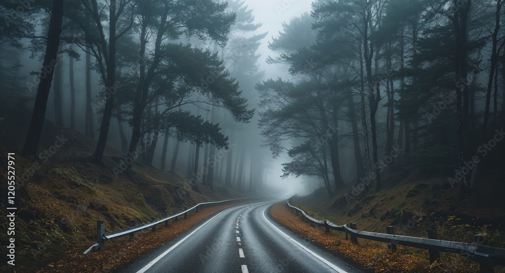 Fototapeta premium Narrow foggy road winding through dense trees background