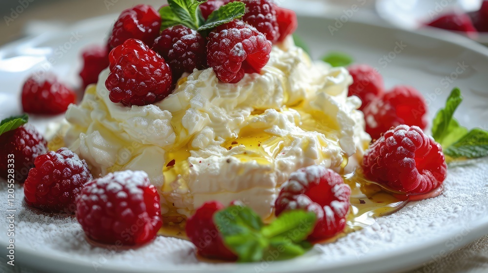 Creamy Mascarpone cheese served with honey drizzled over fresh raspberries and mint leaves. Creamy Mascarpone cheese served with honey drizzled over fresh raspberries and mint leaves.
