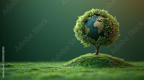 tree in which the top of the leaves is round and forms the continents of planet earth using shadows and leaves, isolated green background, realistic 3d style 