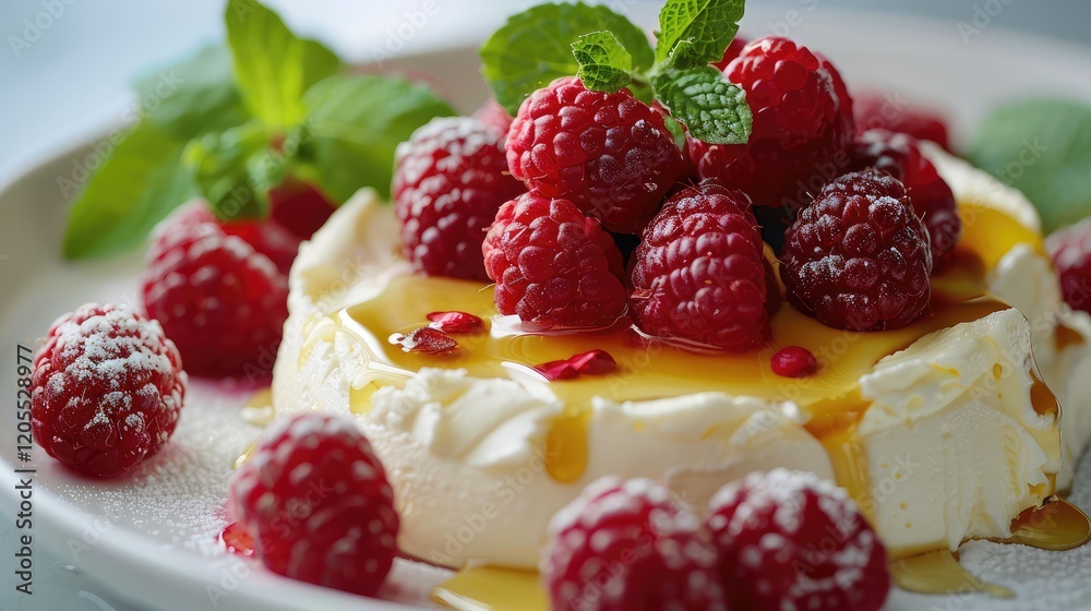 Creamy Mascarpone cheese served with honey drizzled over fresh raspberries and mint leaves. Creamy Mascarpone cheese served with honey drizzled over fresh raspberries and mint leaves.