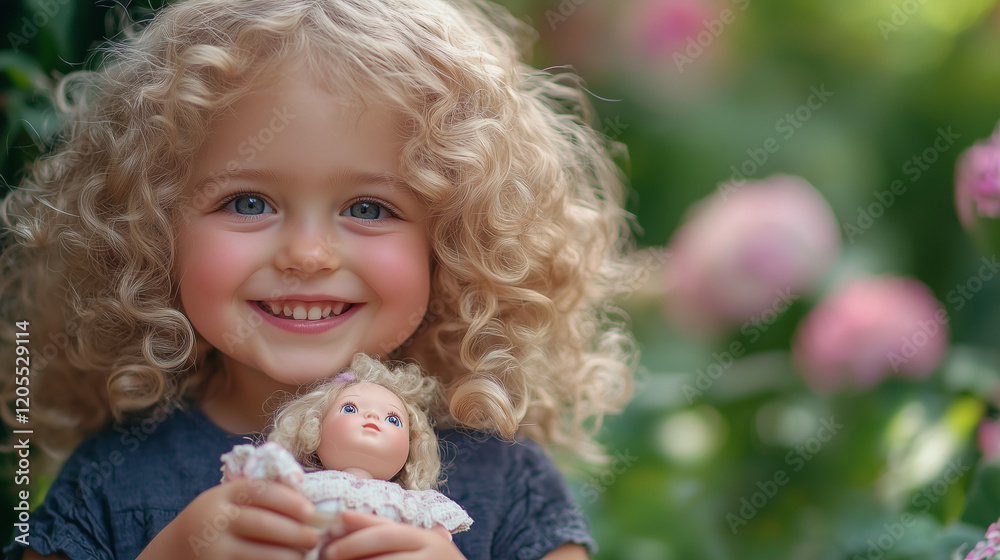 Beautiful girl holding a doll and smiling in a blooming garden Beautiful girl holding a doll and smiling in a blooming garden