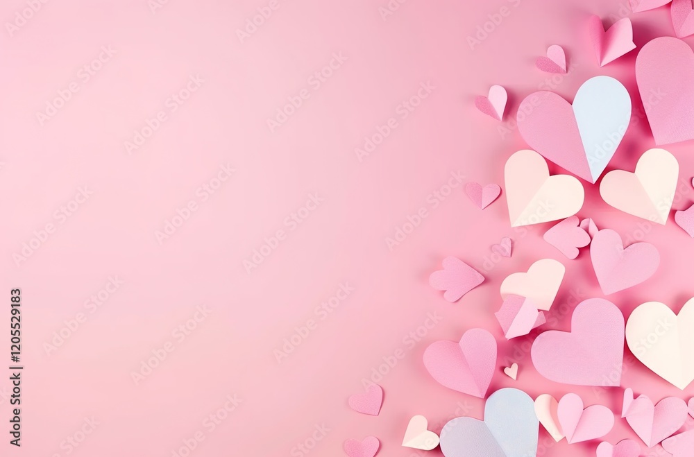 Paper pink hearts fly on soft pink color background, border, copy space. Valentine day concept for design. Paper pink hearts fly on soft pink color background, border, copy space. Valentine day concept for design.