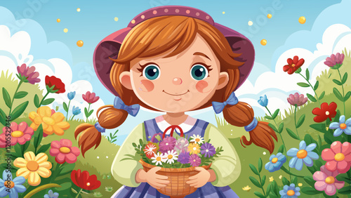 A beautiful, accurate, whimsical illustration of a sweet 5-year-old girl with rosy cheeks, brown eyes, and tied brown hair, smiling. The girl is dressed in a rich, blooming, long-sleeved country girl 