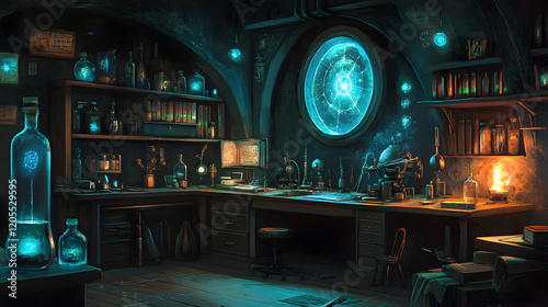 Mystical alchemy lab illuminated by glowing blue potions and surrounded by vintage scientific instruments photo