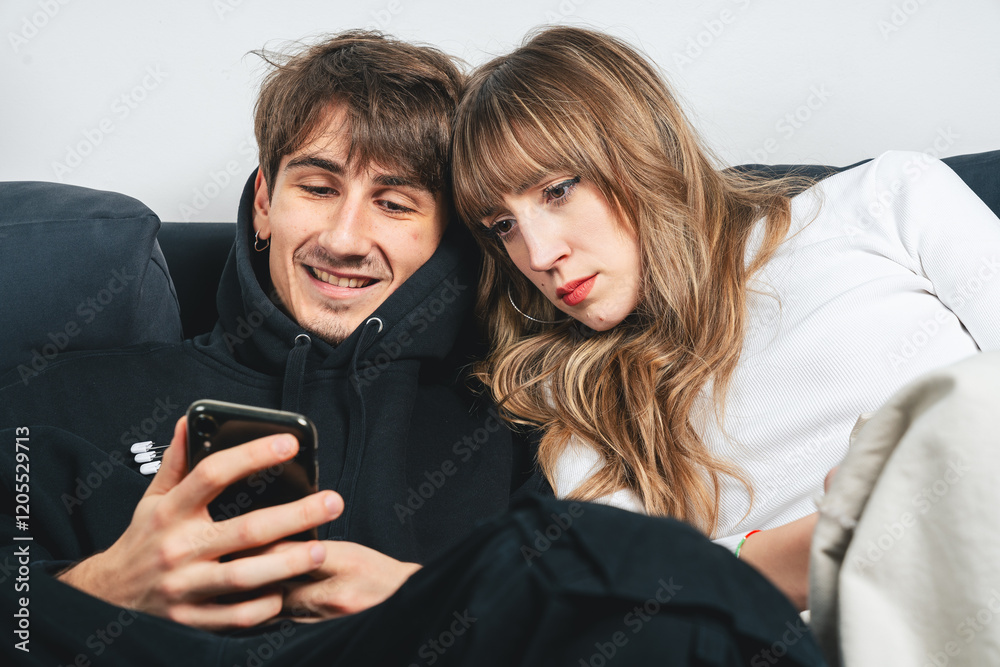 A young couple, casually dressed, sits together on a cozy couch. The boy in a black hoodie smiles while holding the phone, as the woman beside him looks at the screen with a serious expression. A young couple, casually dressed, sits together on a cozy couch. The boy in a black hoodie smiles while holding the phone, as the woman beside him looks at the screen with a serious expression.