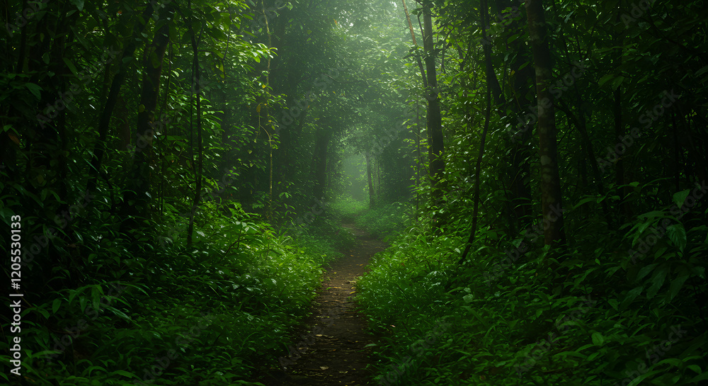 Fototapeta premium Immersed in the jungle, one encounters a blend of deep shadows and lush green illumination.