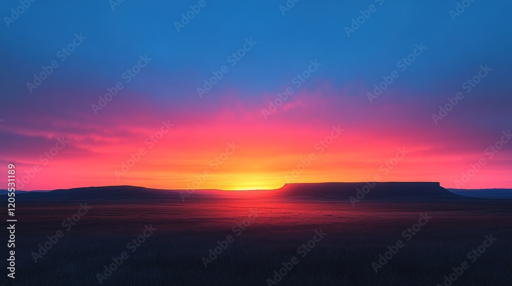 Vibrant sunset over flat, dark landscape. Vibrant sunset over flat, dark landscape.