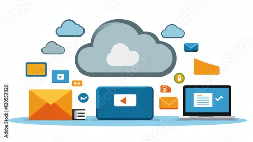 Illustration of secure cloud storage with vibrant icons and data accessibility across devices Stock Photo with side copy space