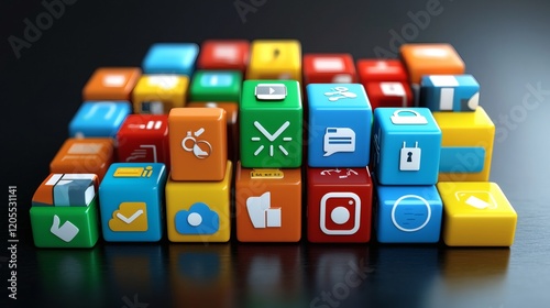 Illustration of secure cloud storage with vibrant icons and data accessibility across devices Stock Photo with side copy space