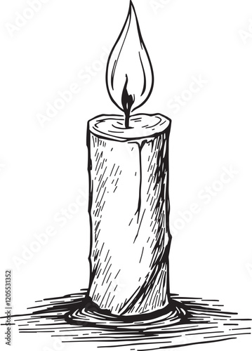 Burning Lit Candle Linear Drawing Sketched Art Line Vector Illustration
