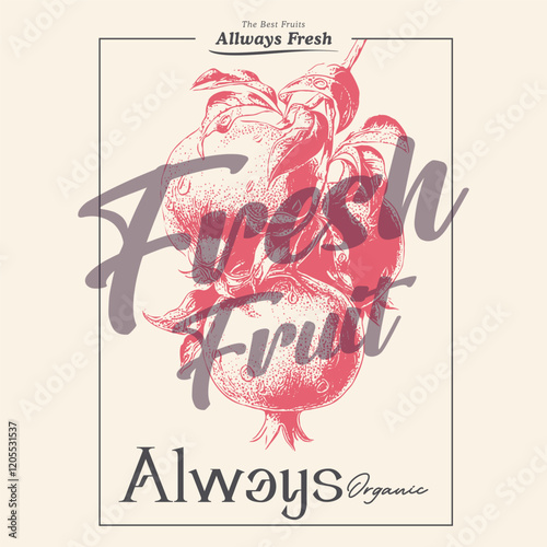 Summer food poster design. Fresh pomegranate fruit print. food fashion for t-shirt, sweatshirt print design, women's graphic tee , vintage retro fruit design, summer fruity vintage t shirt design