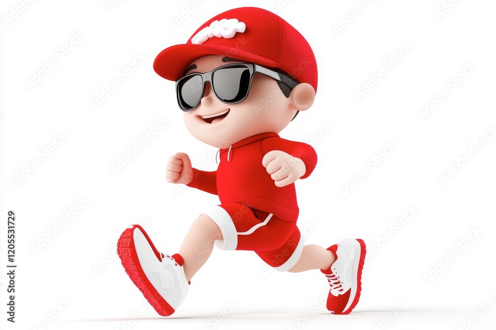 A cheerful cartoon boy in a red outfit and sunglasses running energetically, exuding a playful and sporty vibe. A cheerful cartoon boy in a red outfit and sunglasses running energetically, exuding a playful and sporty vibe.