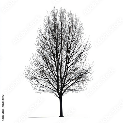 solitary poplar tree with bare branches stands against white background