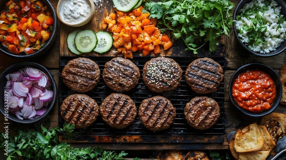Fototapeta premium A table with a variety of food items including hamburgers, vegetables