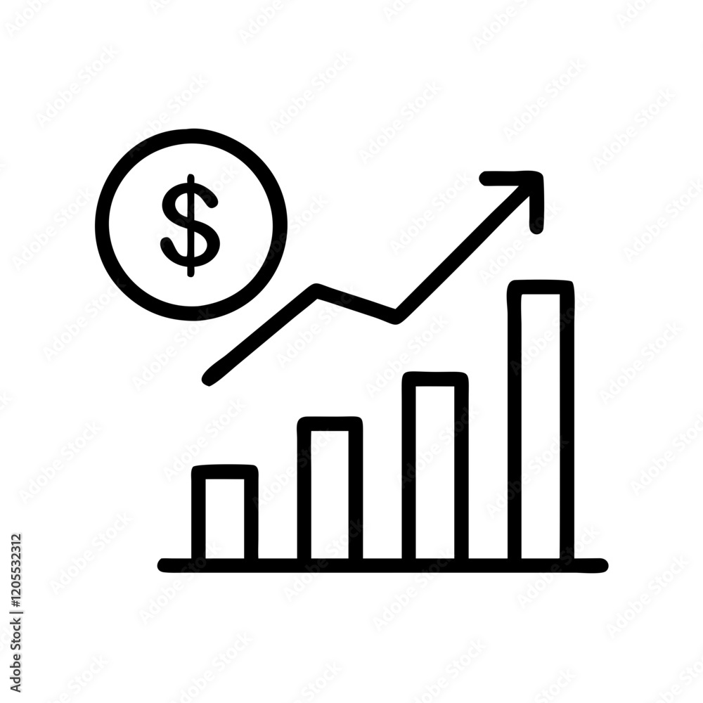 Financial growth chart icon with dollar sign and upward arrow representing business success and achievement Financial growth chart icon with dollar sign and upward arrow representing business success and achievement