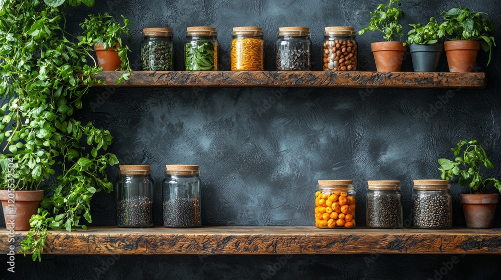 Fototapeta premium Colorful jars and spices on rustic shelves