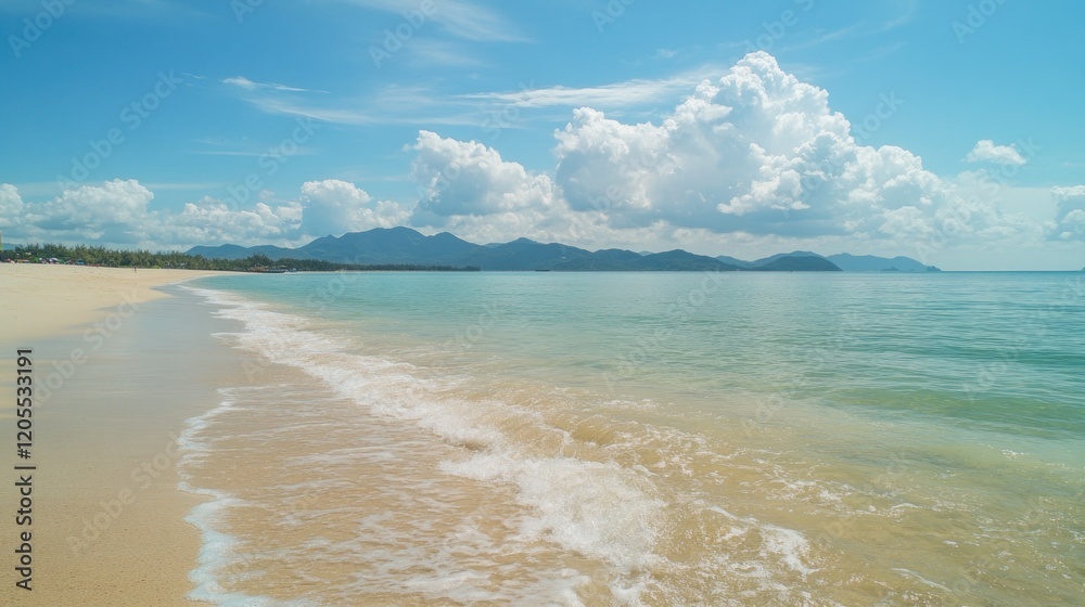 Scenic beach view with turquoise water, white sand, and distant mountains under a bright blue sky