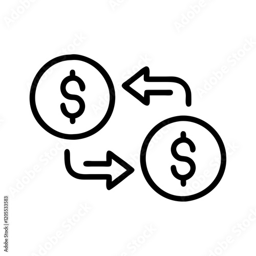 Exchange rates icon featuring dollar signs with arrows representing currency conversion and financial transactions