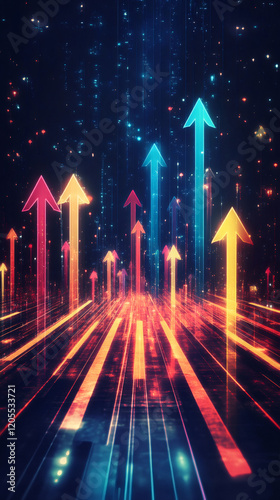 Vibrant neon arrows ascending against dark backdrop, symbolizing financial growth, economic progress, business momentum
