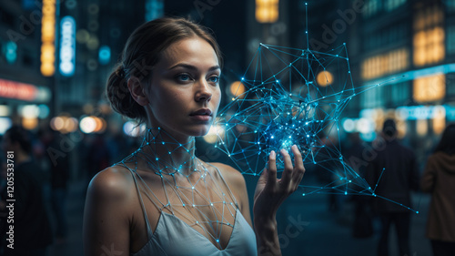 Futuristic Connection: A Woman Her Face Digital Geometric Structure with Interconnected Lines in an Urban Nightscape.