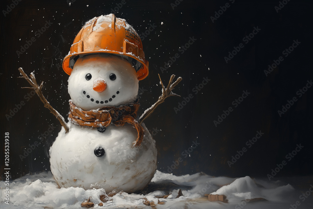 Fototapeta premium Construction snowman wearing a hard hat and scarf for themed poster