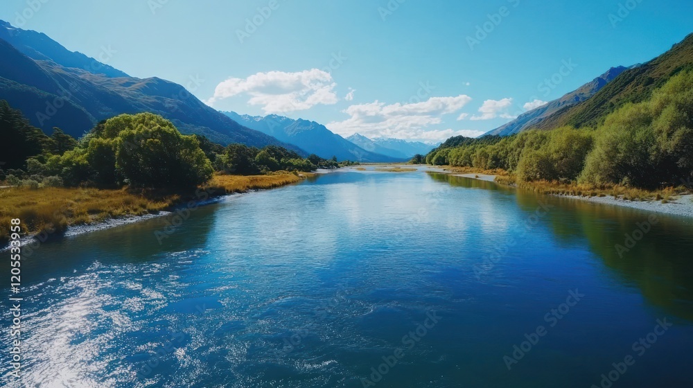 A serene river flows through a mountain valley on a bright sunny day with blue sky