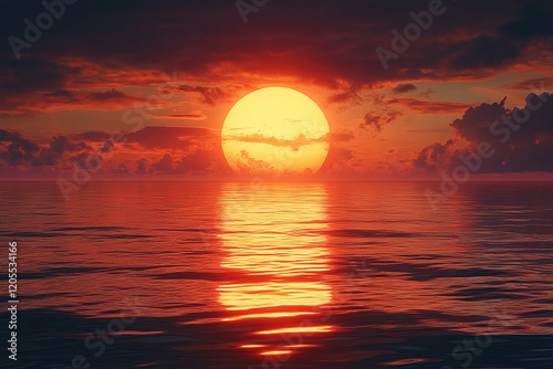 Fiery Sunset Over Calm Ocean Waters Reflecting Golden Sun